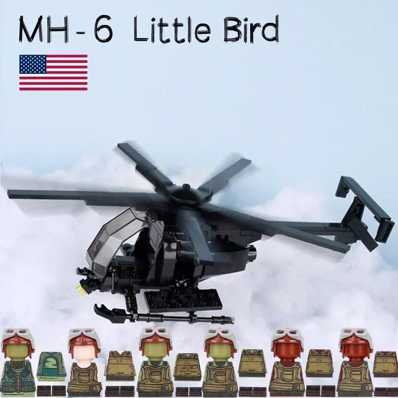 

202pcs Modern Army USA MH-6 Little Bird Helicopter Building Block Pilot Soldier Figure Kids Toys Clothing Sticker Printed Bricks