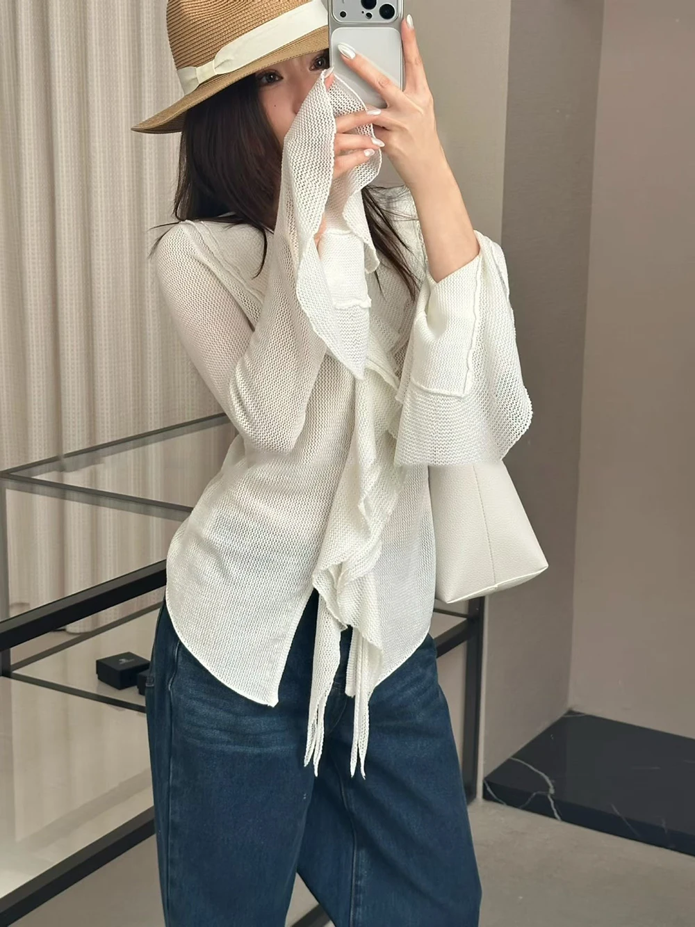 

Slim Fit Knitted V-Neck Long Sleeve Cardigan Women's Fashionable Simple Wood Grain Spring Casual Elegant Top