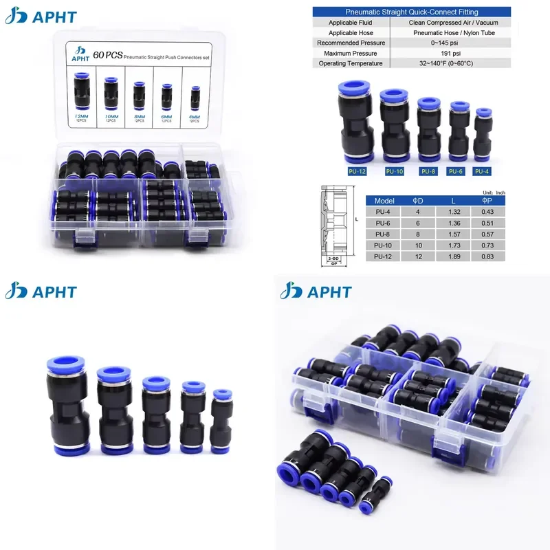 60PCS Pneumatic Straight Push Connectors Kit PU-4/6/8/10/12mm Air Hose Quick Connect Fittings Set