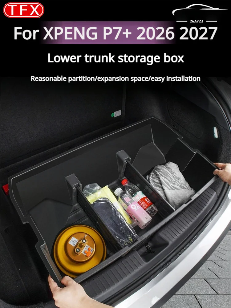 For XPENG P7+ 2026 2027 Car Styling Underfloor Trunk Storage Boxes Organizer Trays Cargo Holder Interior Durable Car Accessories