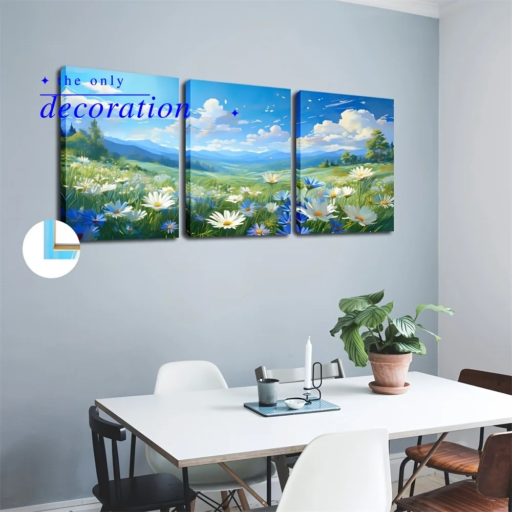 A Set of Three Landscape Canvas Paintings with Frames Featuring Blue Skies, White Clouds, Mountains, Trees, And Chrysanthemum