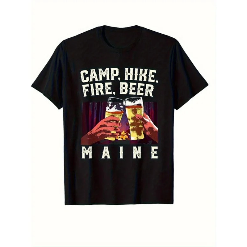 

Camping Hiking Beer Shirt Funny Outdoor Maine Adventure Graphic Tee Men Summer Campfire Bonfire Drinking T Shirt