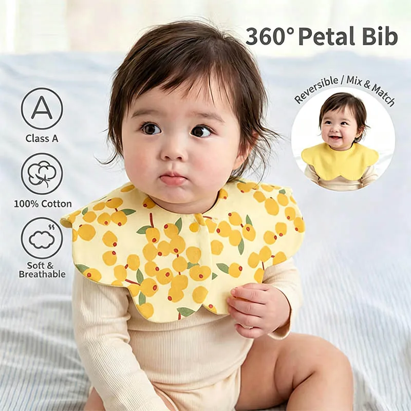 360° Reversible Petal Baby Bibs 100% Pure Cotton Soft Absorbent Drool Bibs Double Sided Print Teething Bibs For Infants Toddlers