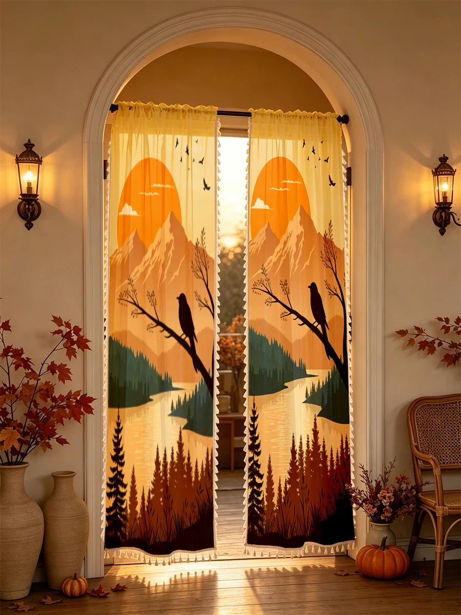 1PC Scenic Tassel Sheer Curtains, Mountain Sunrise River Bird, Digital Print, Polyester, Bedroom Living Room Decor Rod Pocket