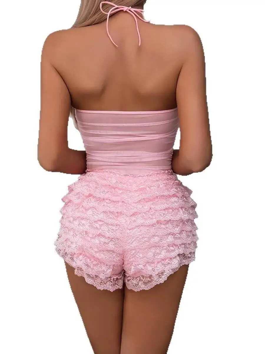 Rosa multi-camada bolo saia bodysuits com halter pescoço gravata apertado transparente rosa bodysuits conjuntos de duas peças encantador ds5d
