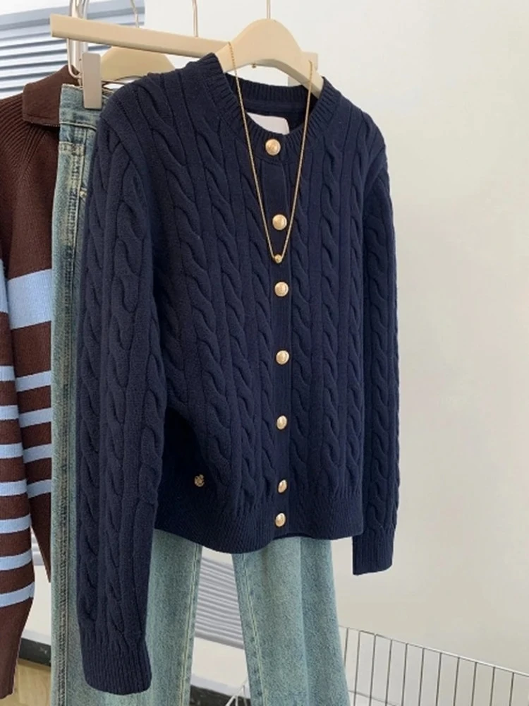 

Женский кардиган с круглым вырезом, корейский ленивый стиль, вязаный свитер, осень-зима, повседневный универсальный трикотаж с длинными рукавами, топы
