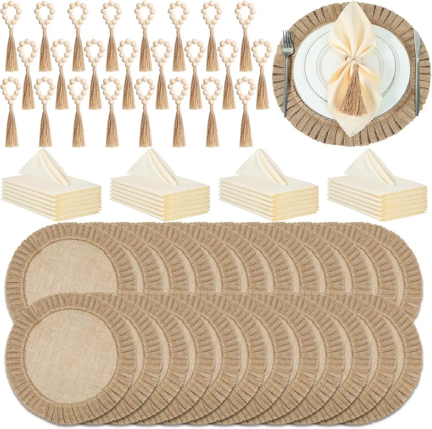Juego de manteles individuales de yute de 72 piezas con servilleteros de cuentas de madera y servilletas de tela para decoración de mesa de comedor de boda