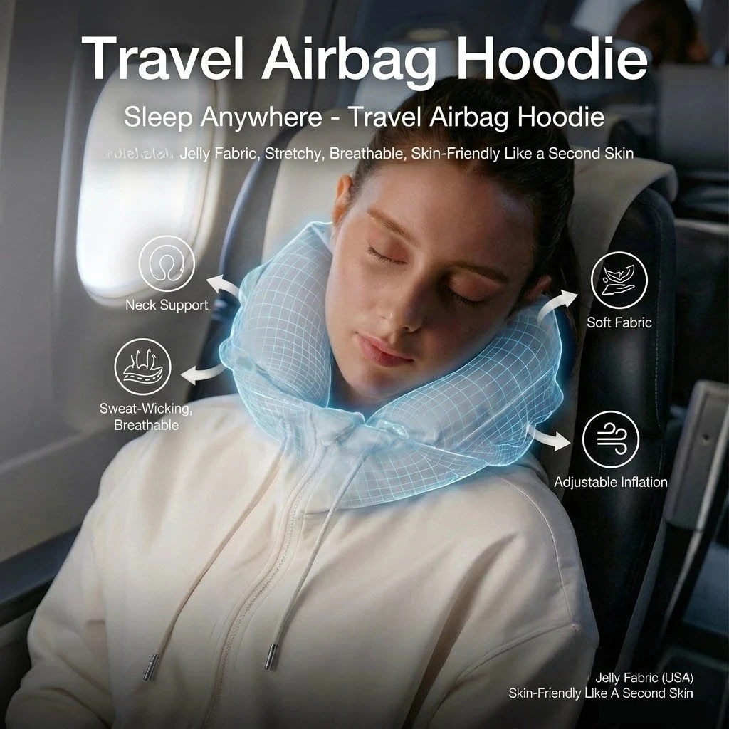 Sudadera con capucha de viaje con almohada inflable incorporada para el cuello - Sudadera elástica Lyka para avión y oficina - Diseño invisible y zero Bulk