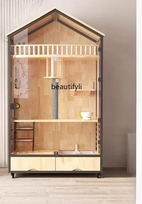 

Cat house, villa three-story solid wood large luxury household cat house cage cat coffee, cabinet customization R