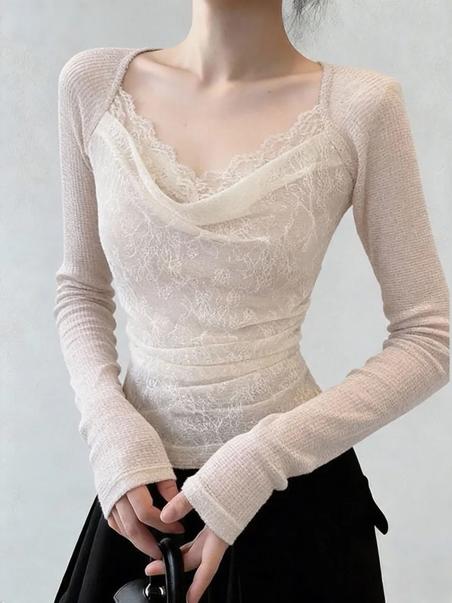 

Осенне-зимняя женская базовая блузка с квадратным вырезом и кружевом, имитация двухслойности, приталенная, с длинным рукавом, в стиле Pure Desire Sweet Spicy Girl