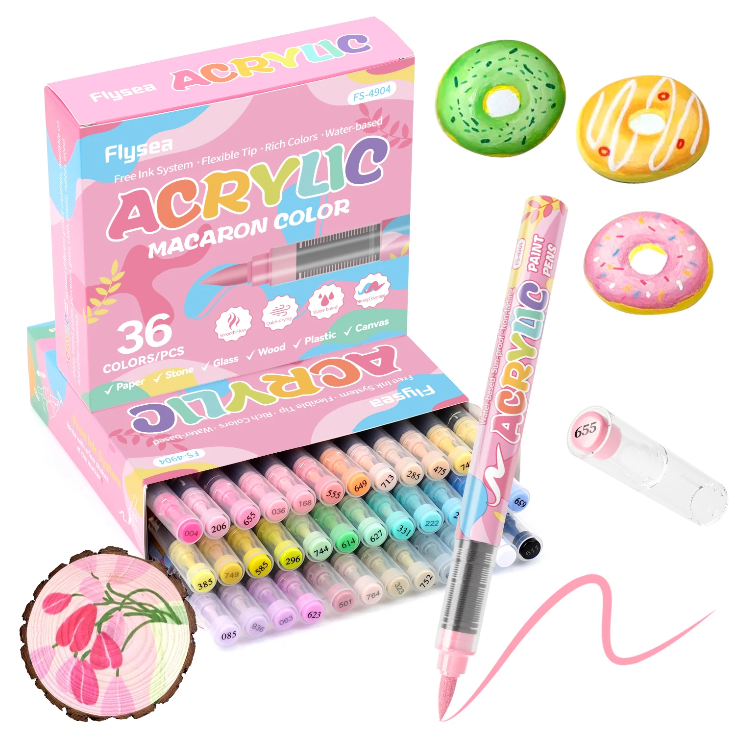 Flysea New24/36 Macaron Color Series Acrylic Markers, Paint Markers, Drawing Pens, Acrylic Paint Markers, 0.5-5mm Stackable Colors, Strong Coverage, Felt-Tip Pen Stationery Set, Student Drawing Anime Art Supplies, Non-Smudging Hand-Drawn Art Supplies for School, DIY Creation, Suitable for School Art Supplies, Back-To-School Season.