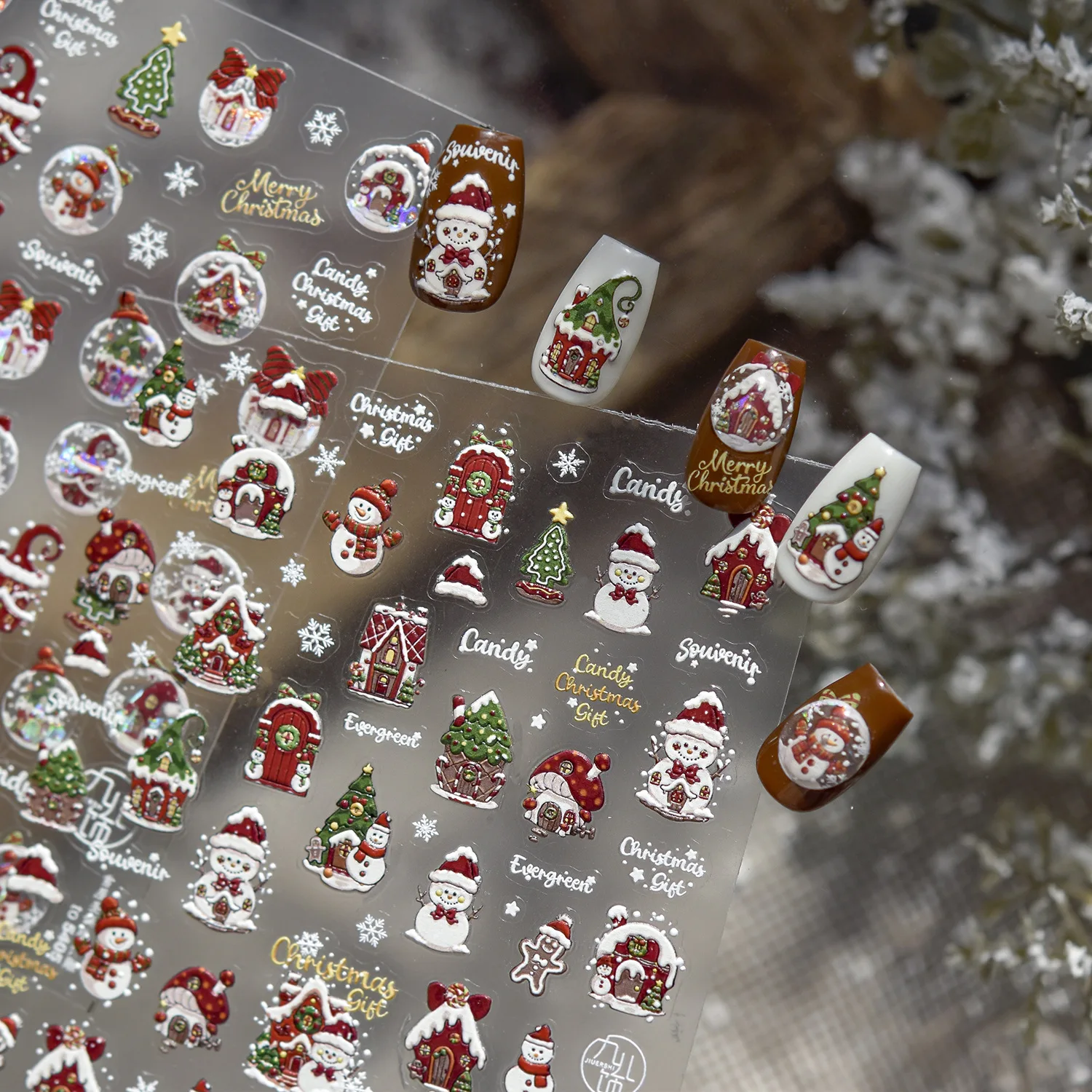 Autocollants pour ongles en relief 5D, maison de neige exquise, boule de noël, autocollants pour Nail Art, adhésif arrière d'hiver, décalcomanies de décoration de manucure, DIY bricolage