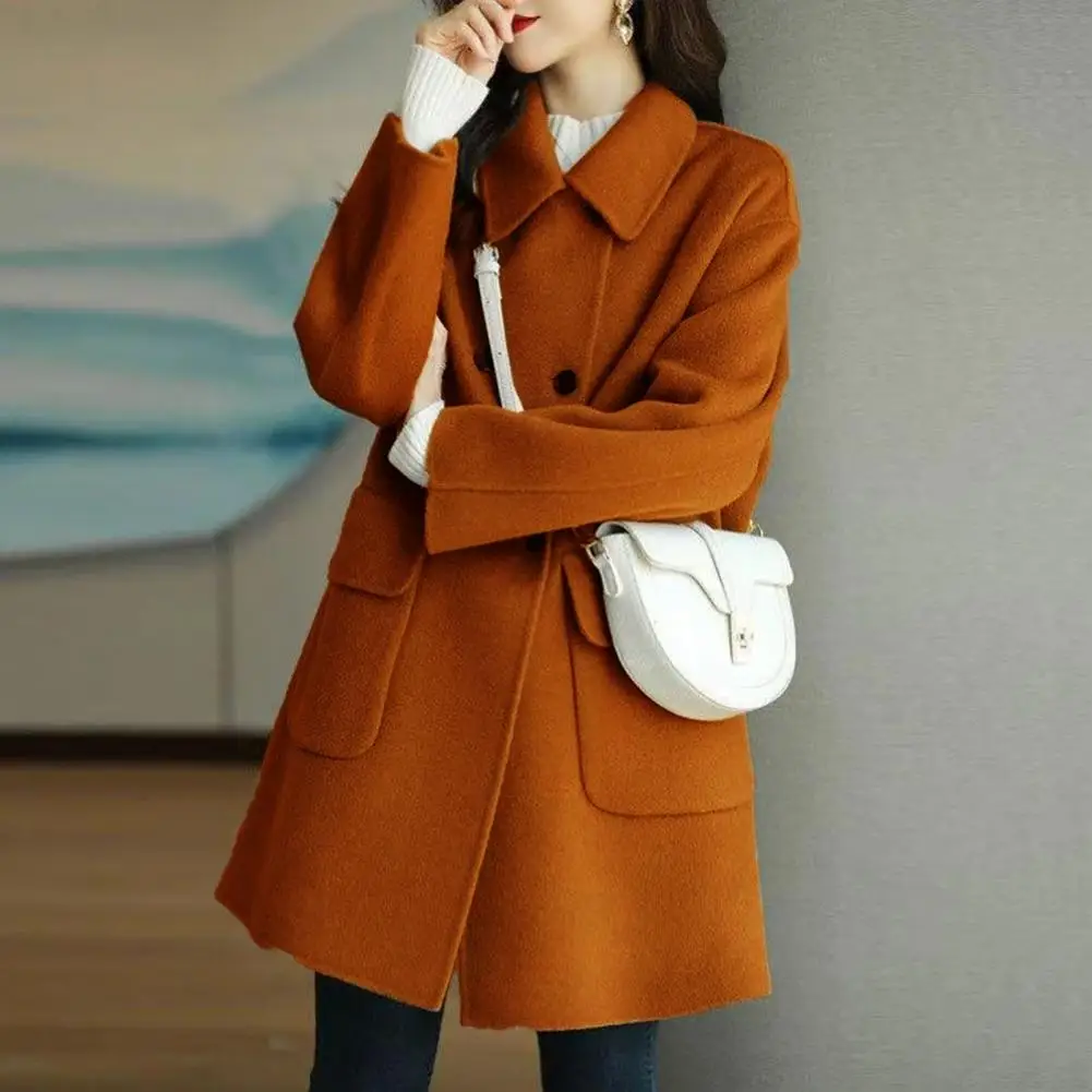 Women Coat Lapel Double Breasted Trench Coat Flap Pockets Women Thermal Jacket Mid-length Thickened Overcoat Warm Winter Jacket