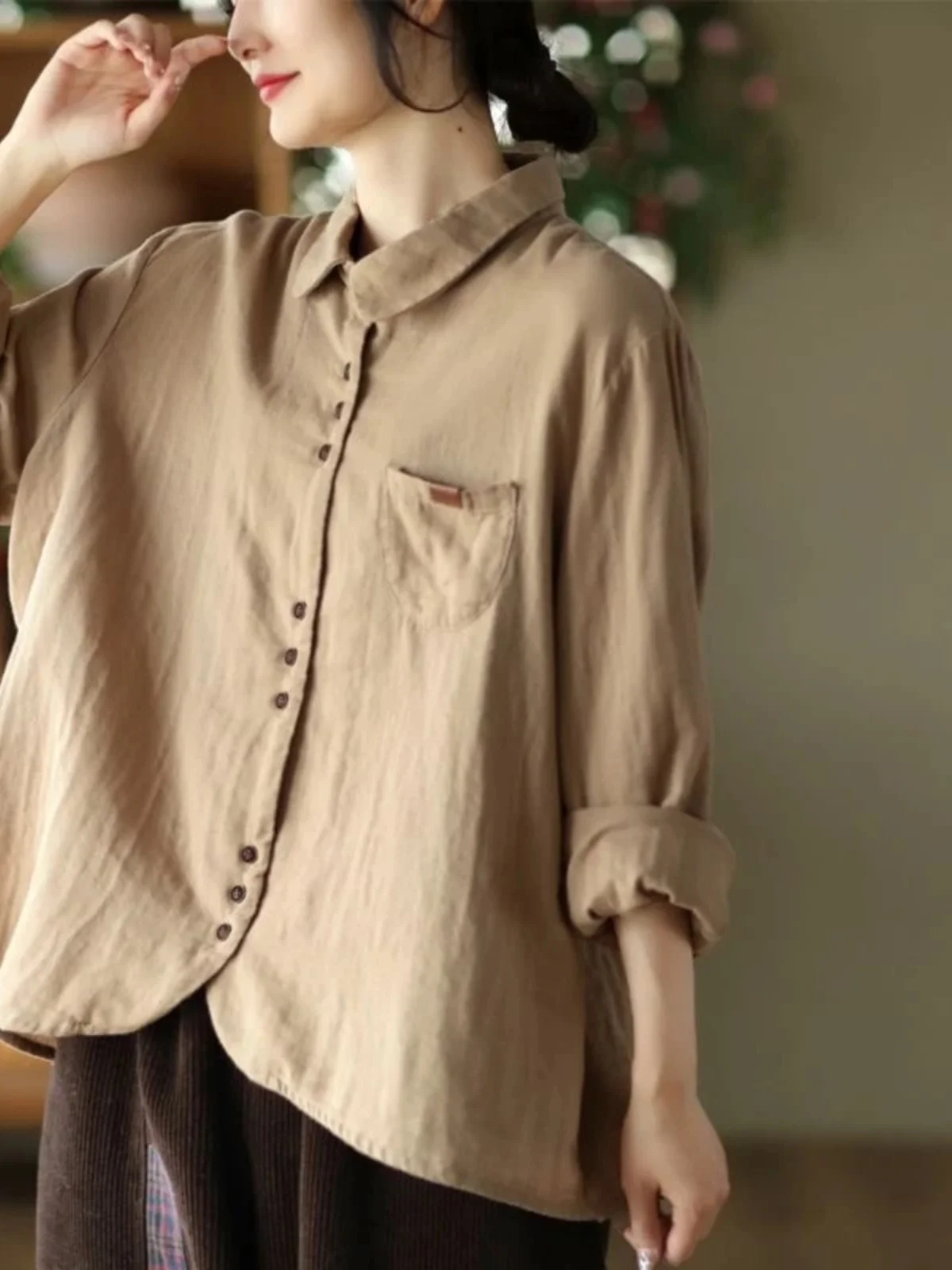 

Retro Long Sve Cotton Blend Women's Base irt Sli All-Match Slimming Color Turn-down Collar Blouse