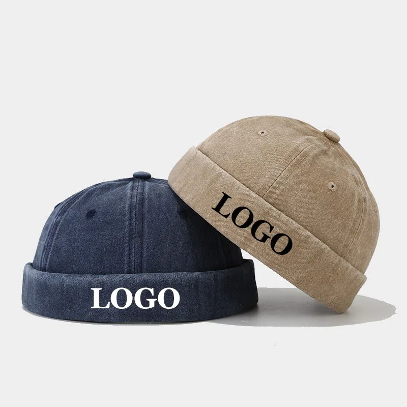 

Custom logo Brimless Docker Caps Women Solid Color Vintage Dstressed Hip Hop Beanie treet Light Plate Melon Hat For Men