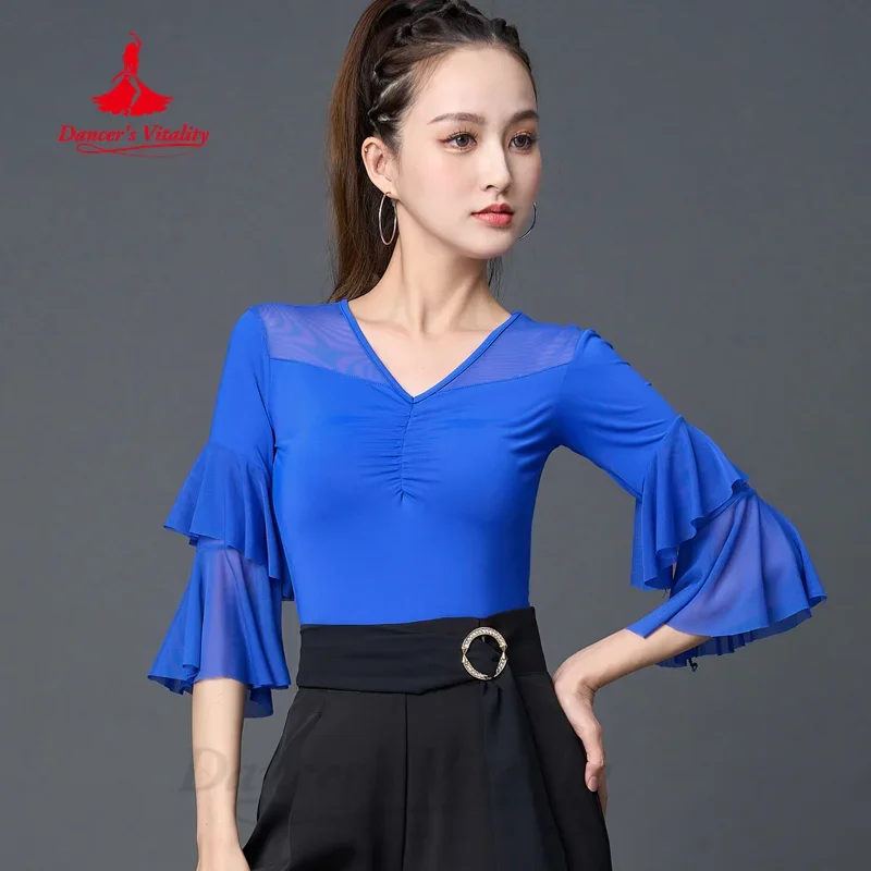 

Latin Dance Tops Women's Customized Summer Comfortable and Breathable Horn Sleeves Top Tango Chacha Rumba Practice Clothes