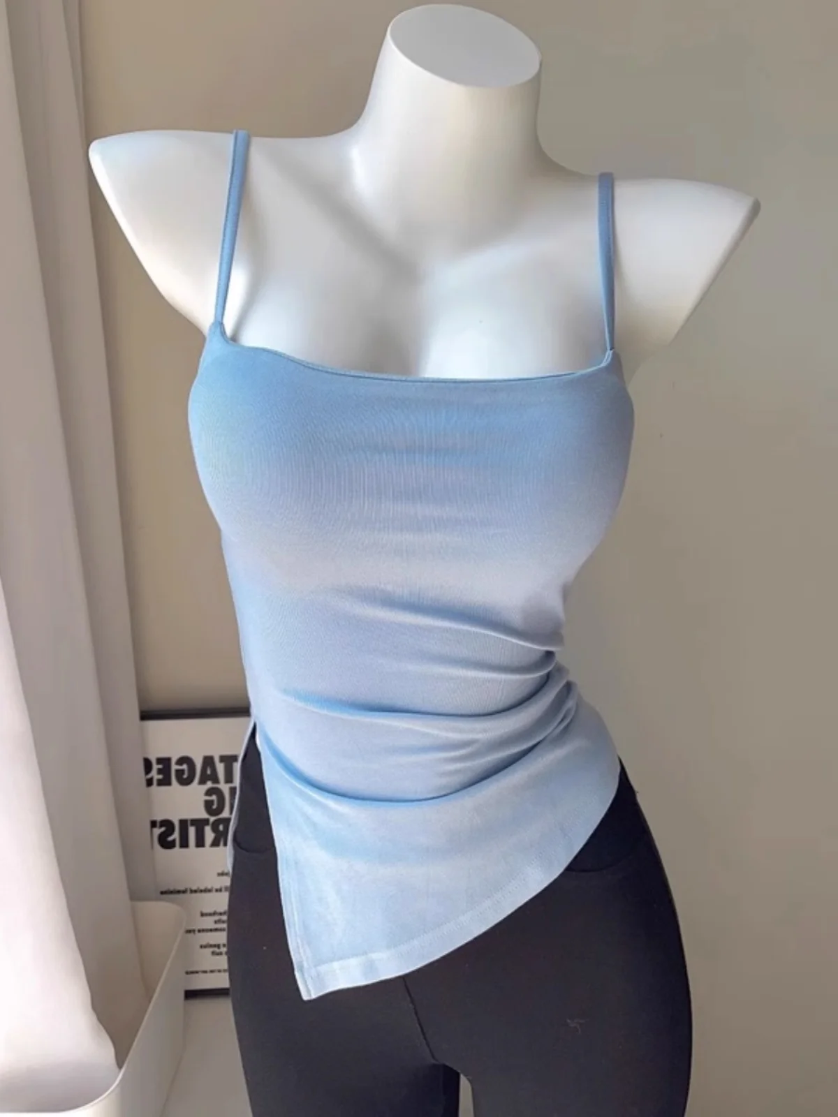 American Style Grey Small Strap Vest Women's Outerwear Summer Suit Inner Match Beautiful Back Bra Integrated Chest Pad Top