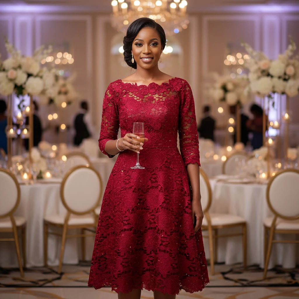 2026 Afrikanischer Guipure-Kordel-Spitzenstoff, tiefes Burgunderrot, verzierte Blumenspitze für Hochzeitskleid, Abendkleid