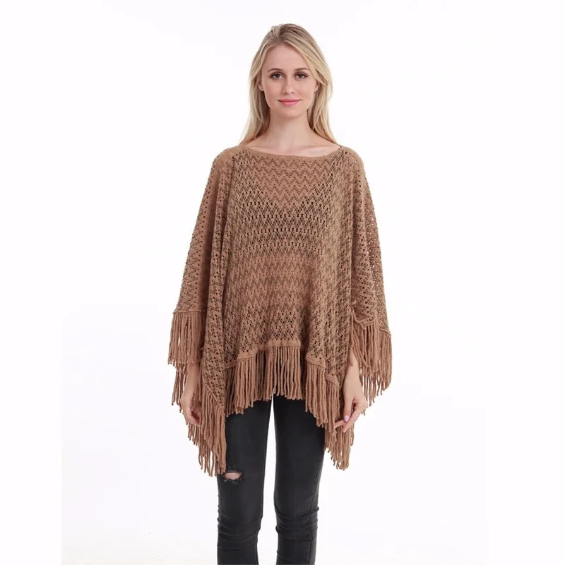 2024 Hot Sale Tassel Gradient Wave Pattern Women\'s Shawl Top Loose Plug Size Knitted Cape Ponchos Bat Sleeve Dropshipping