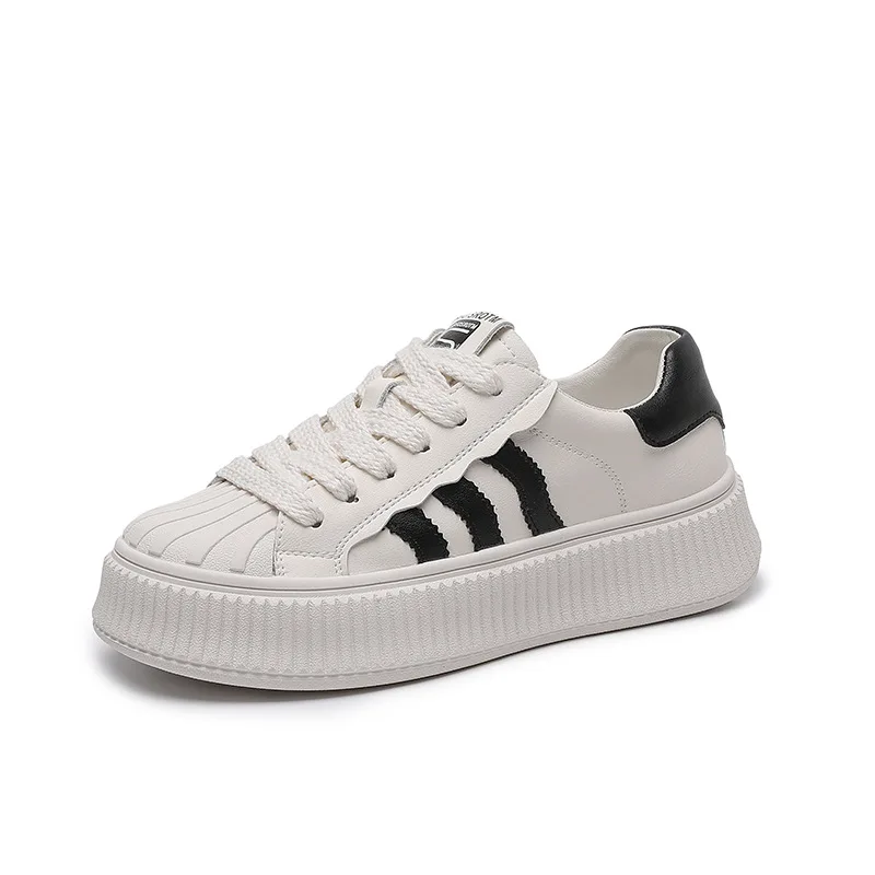 

Platform White Shoes Women's New Versatile Casual Sneakers Toe Leather Mesh Flat Biscuit Shape Shoes big Size