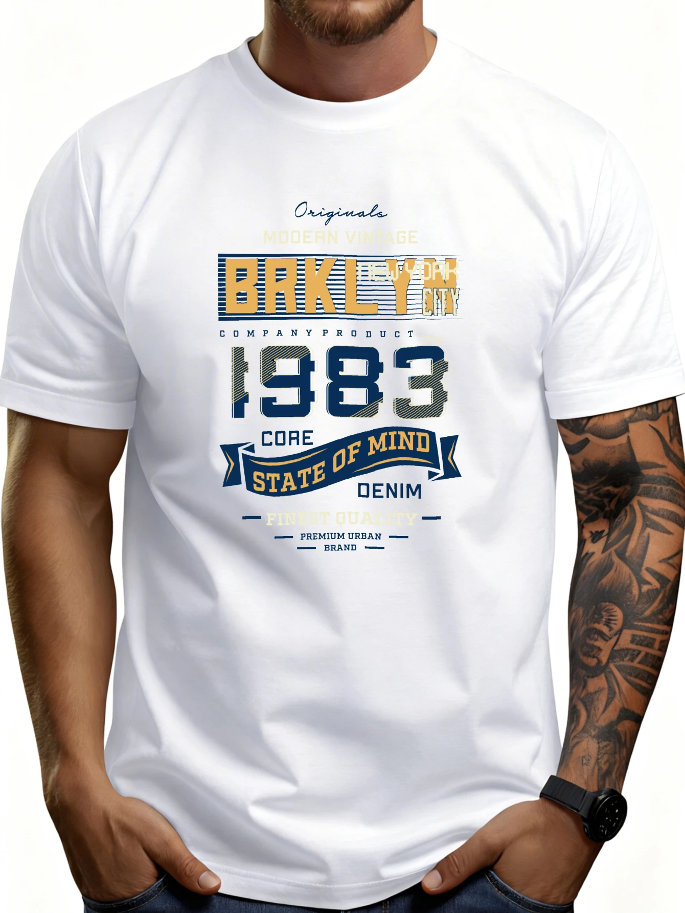 Casual Street Style Men's T-Shirt with a Denim Graphic Design Inspired by the Mood of Barkly City 1983, Suitable for Everyday Wear and Urban Fashion, a Gift for Him for Spring and Summer.