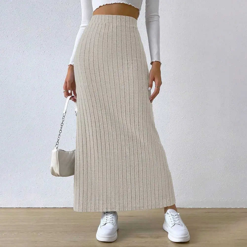 

Women Slim Fit Long Skirt High Waist Side Slit Knitting Skirt Maxi Ribbed Skirt Solid Color Streetwear