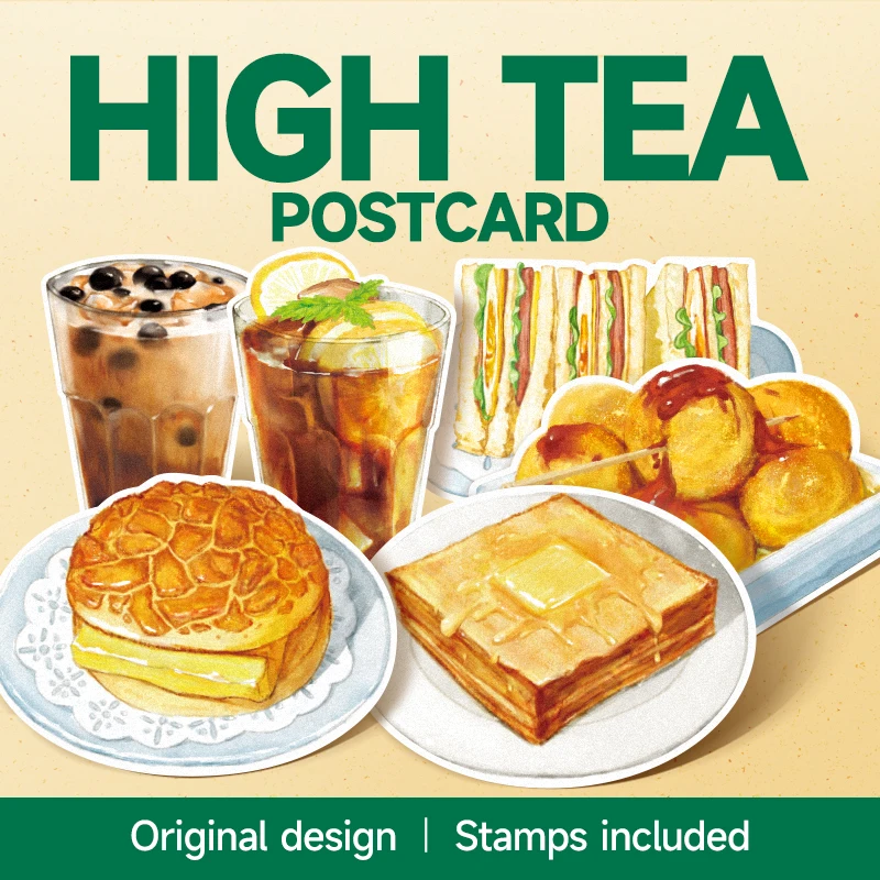 

Hong Kong Style Afternoon Tea Art Postcard Beverage & Snack Illustrations With Stamps Hand Painted Watercolor Decor