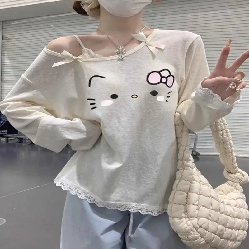 

Sanrio Hello Kitty Long Sleeve T Shirt Lace Lightweight Women Spring Autumn Summer Sun Protection Bow Two Way Off Shoulder Print