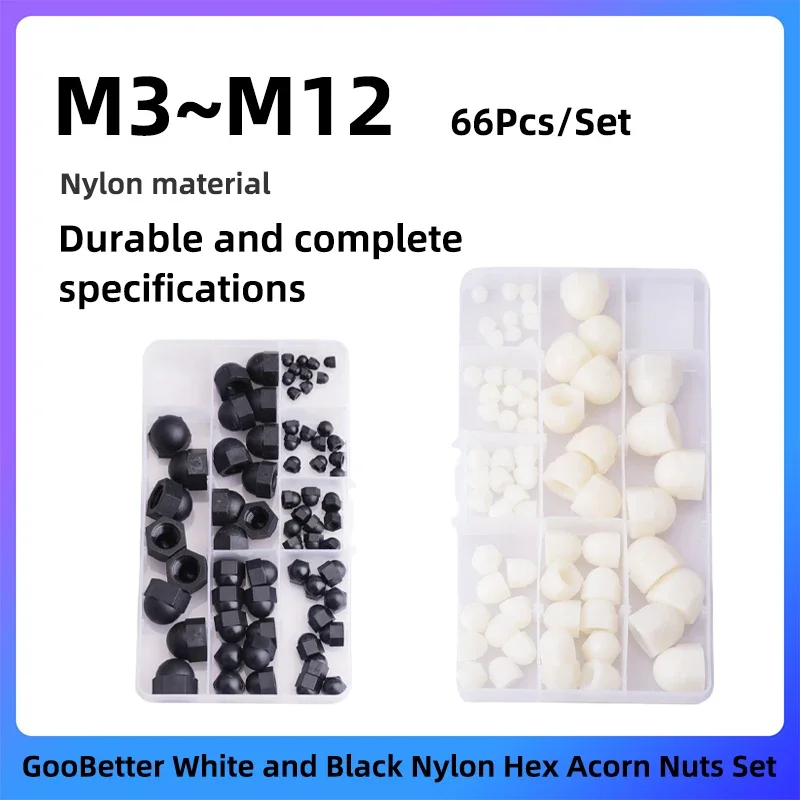 

66Pcs Hex Acorn Cap Nuts Assortment Kit M3 M4 M5 M6 M8 M10 M12 Black White Nylon Nuts Caps for Bolt Dome Head Hex Nuts