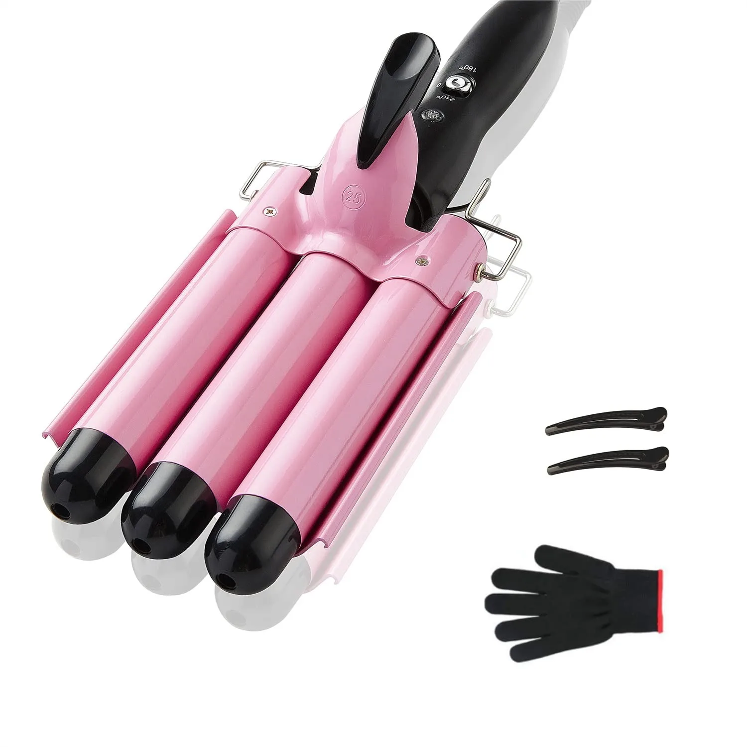 

3 Barrel Curling Iron, 1 Inch Crimper Hair Tool for Beach Waves, Two Temperature Settings 180-210°C, Anti-Scald Design, Pink