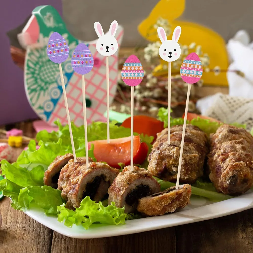 100pcs Easter Disposable Food Fork Bamboo Skewers Rabbit Easter Eggs Fruit Sticks Sandwich Buffet Stick Easter 2024 Decoration