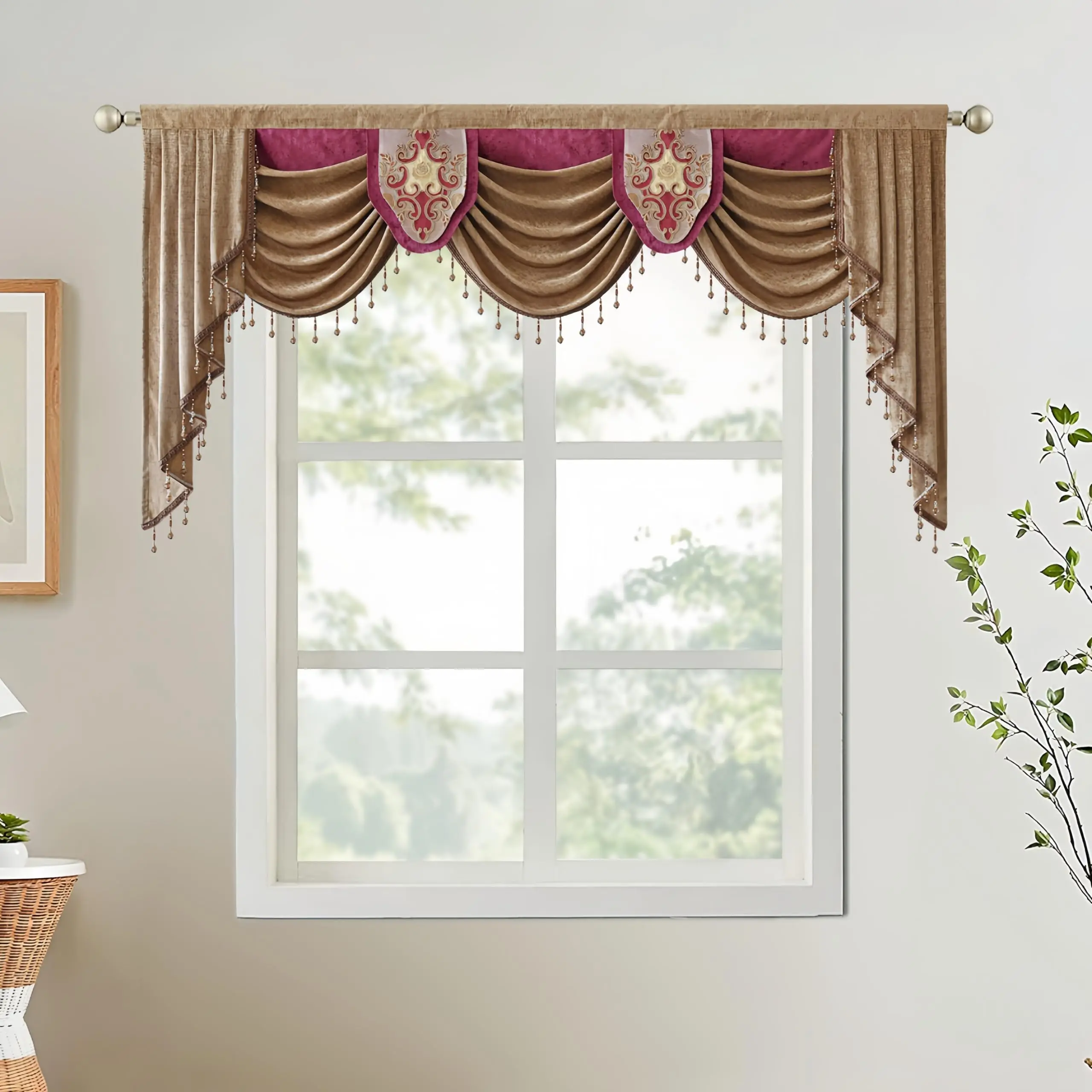 Customized Waterfall Valance Match Luxury Brown European Curtain