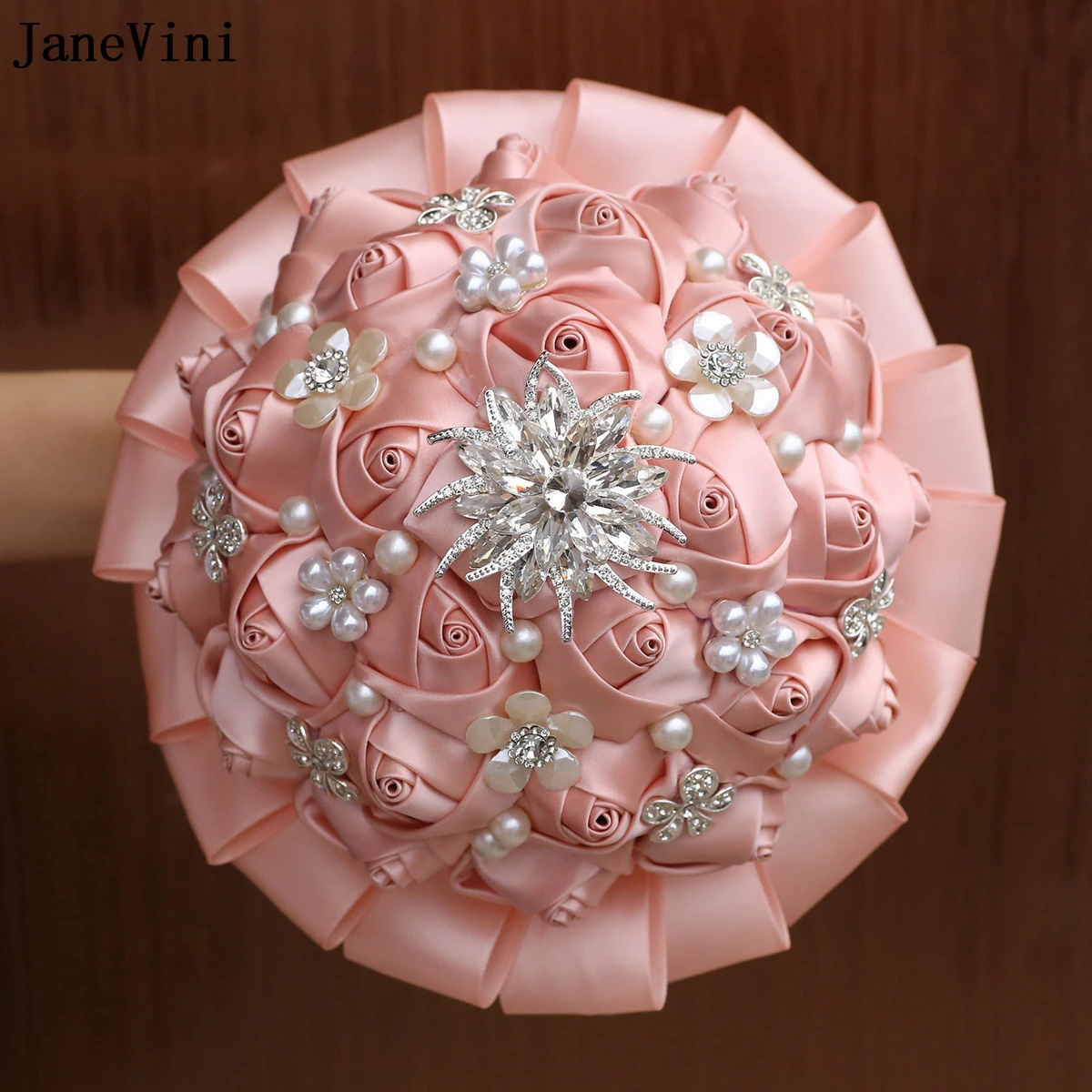 JaneVini New Nude Pink Flowers Bridal Bouquets Bling Silver Crystal Artificial Satin Roses Pearls Jewelry Wedding Brooch Bouquet