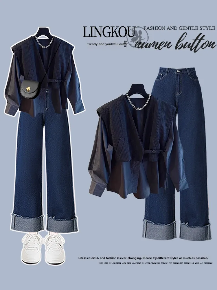 

plus Size Women's Denim Set Spring Autumn New Sle Small Size Fake Two-Year Age Top with Straight Leg Pants Two-Piece Set