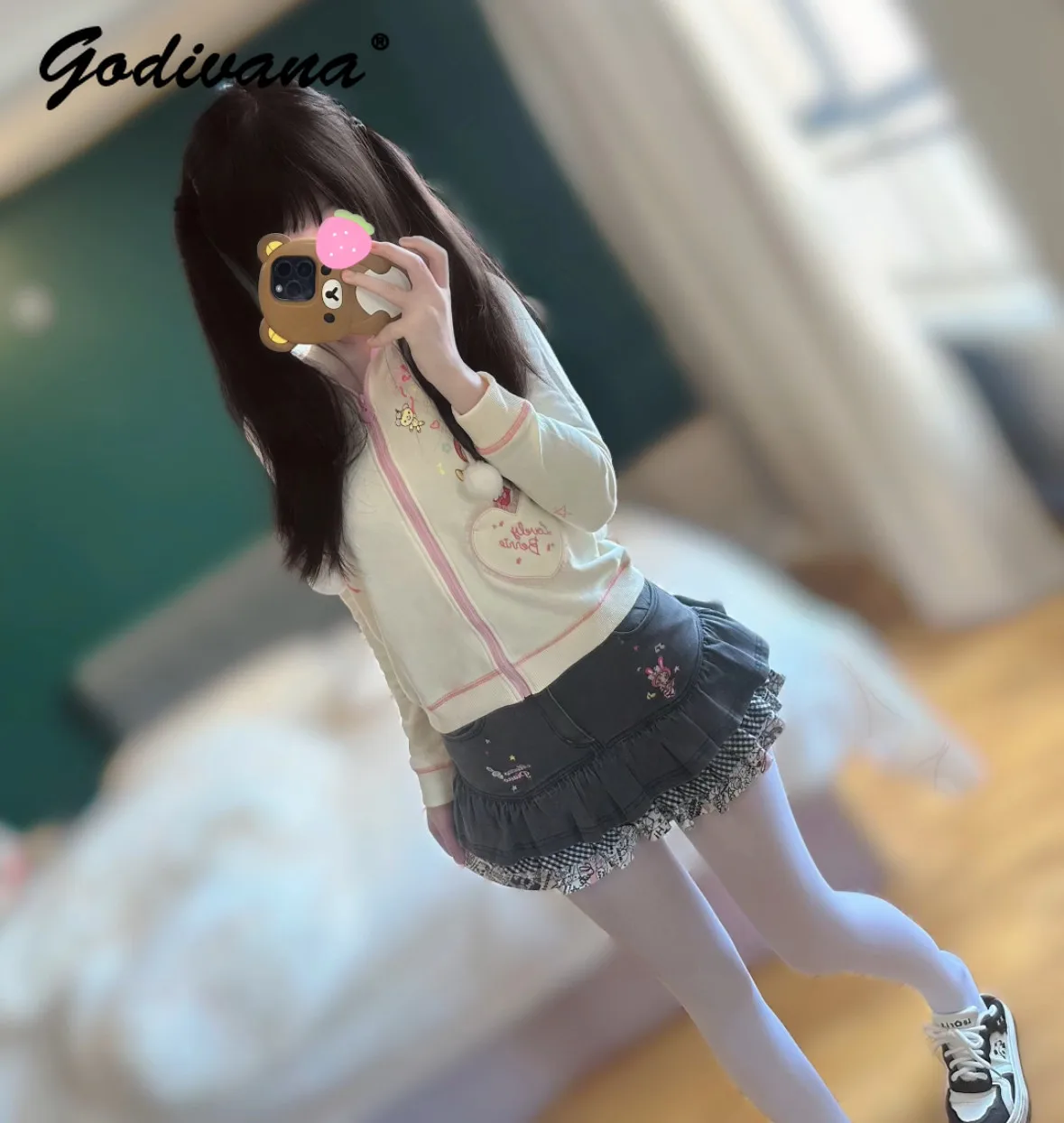 Y2K Cute Girls Short Denim Skirt New Spring and Summer Daughters Sweet Cartoon Embroidred Ruffled Jeans Skirts