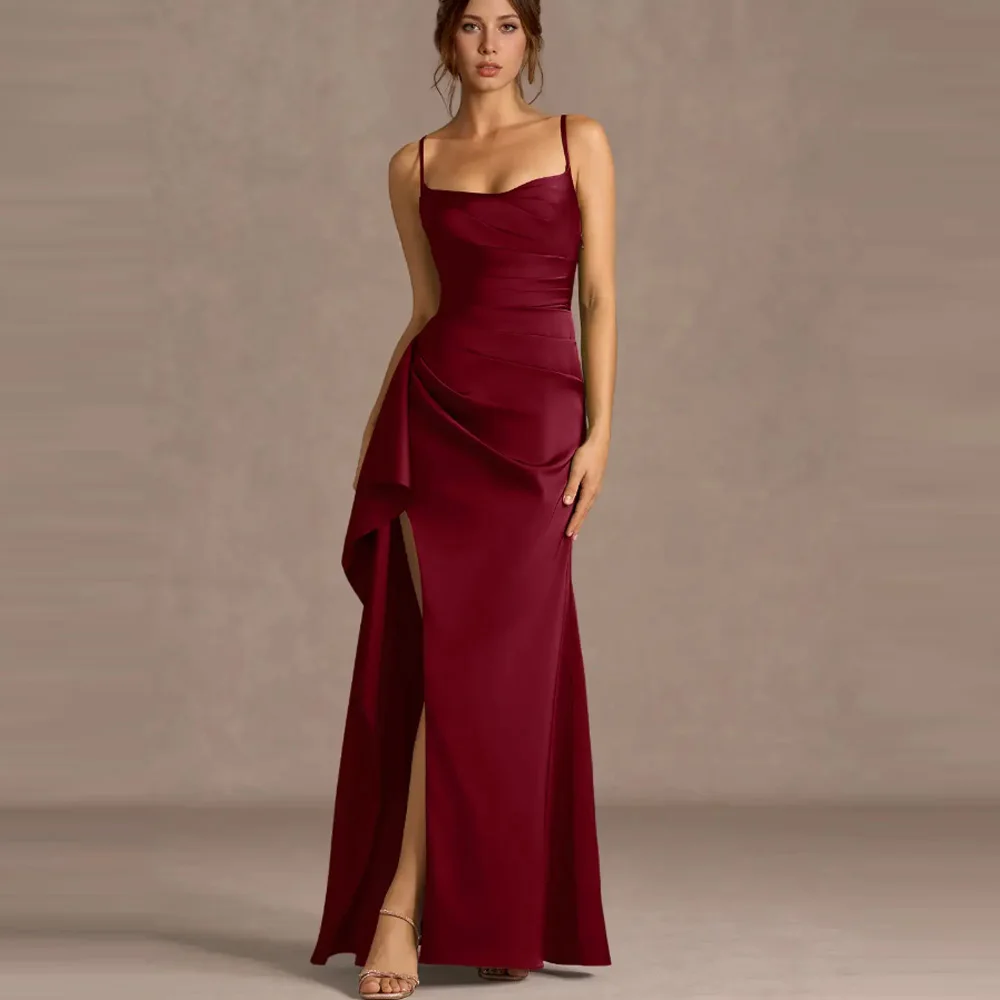 Customized Burgundy Formal Evening Dress Spaghetti Straps High Split Maxi Mermaid Satin Prom Gowns