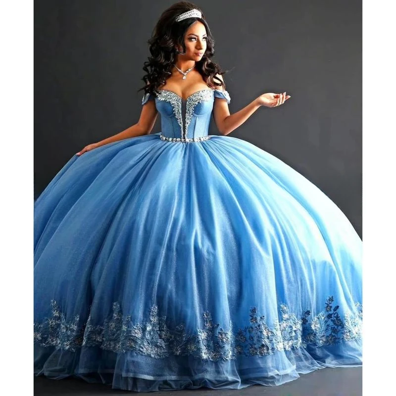 

Sky Blue Quinceanera Dresses Ball Gowns Appliques Beads Off The Shoulder Lace Up Princess Sweet 15 16 Birthday Party Prom Dress