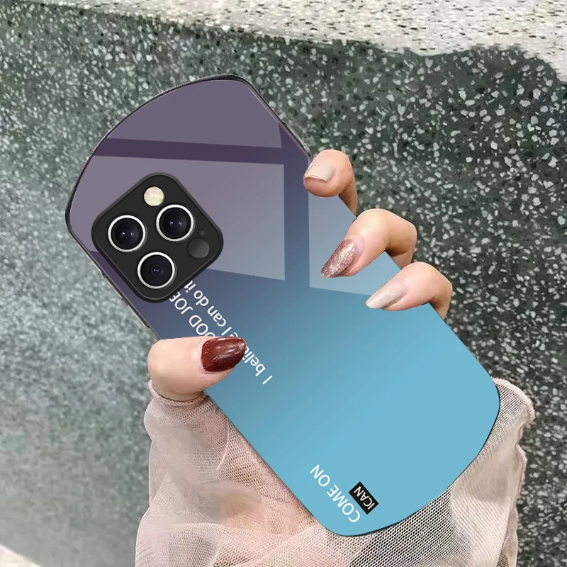 Gradient solid color For iPhone 16 15 14 13 Plus 12 mini 11 Pro Max XR Xs X 7 8 6 6S 2022 Elliptical Tempered Glass Phone Case