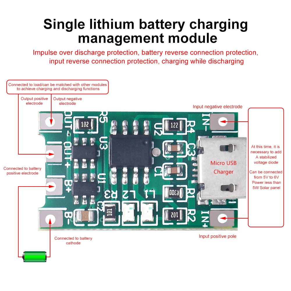Micro USB 5V 1A 18650 Lithium Battery Charger Module Solar Charging Board With Protection 4.2V 3.7V 3.6V