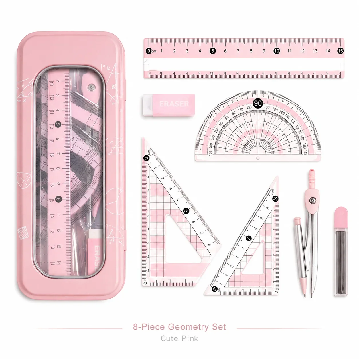 8 Piece Geometry Compass Set, Student Math Drawing Kit with Ruler Protractor Pencil Eraser for School
