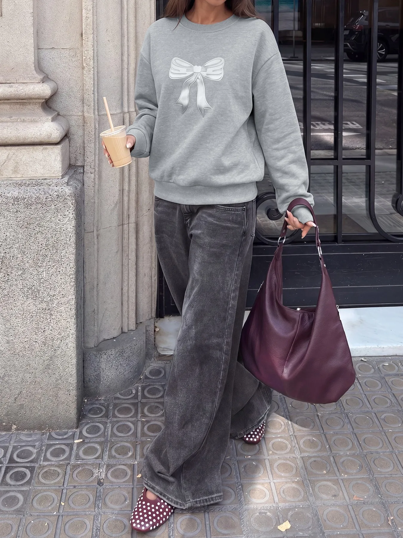 Bow Casual Loose Fit Hoodie with Regular Sleeve Standard Length Single Pullover No Hood Sweatshirt Round Neck Women Sweatshirt