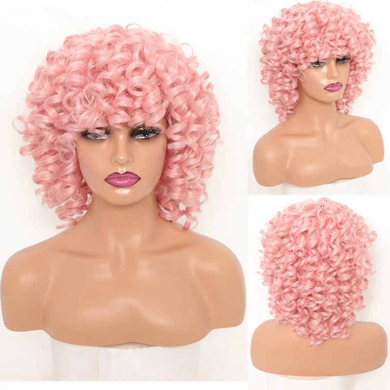 

MSIWIGS Women's Short Burgundy Synthetic Hair Wig with Bangs Curly for Africa American Black Pink Brown Cosplay Wigs
