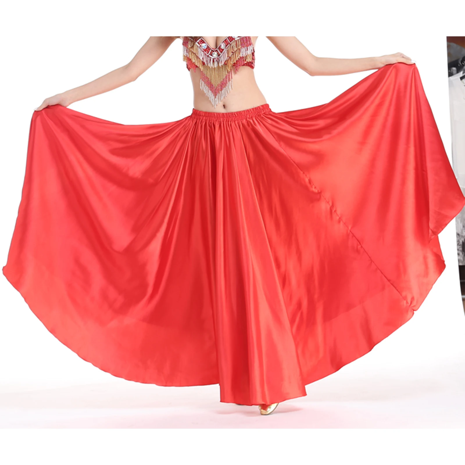 Women Spanish Paso Doble Skirt Ballroom Flamenco Bomba Belly Dance Performance Costume Elastic Waist Satin 540 Degree Maxi Skirt