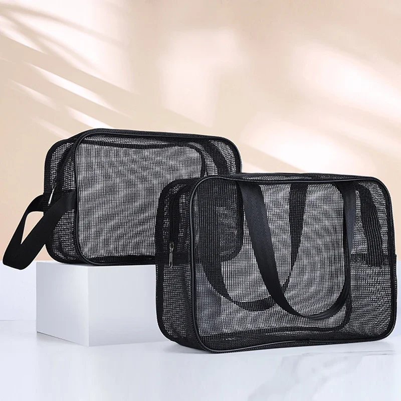 

Mesh Wash Beach Bag Men Women Portable Hand-held Travel Storage Cosmetic Pouch Black Fitness Bath Pocket Bath Organizer