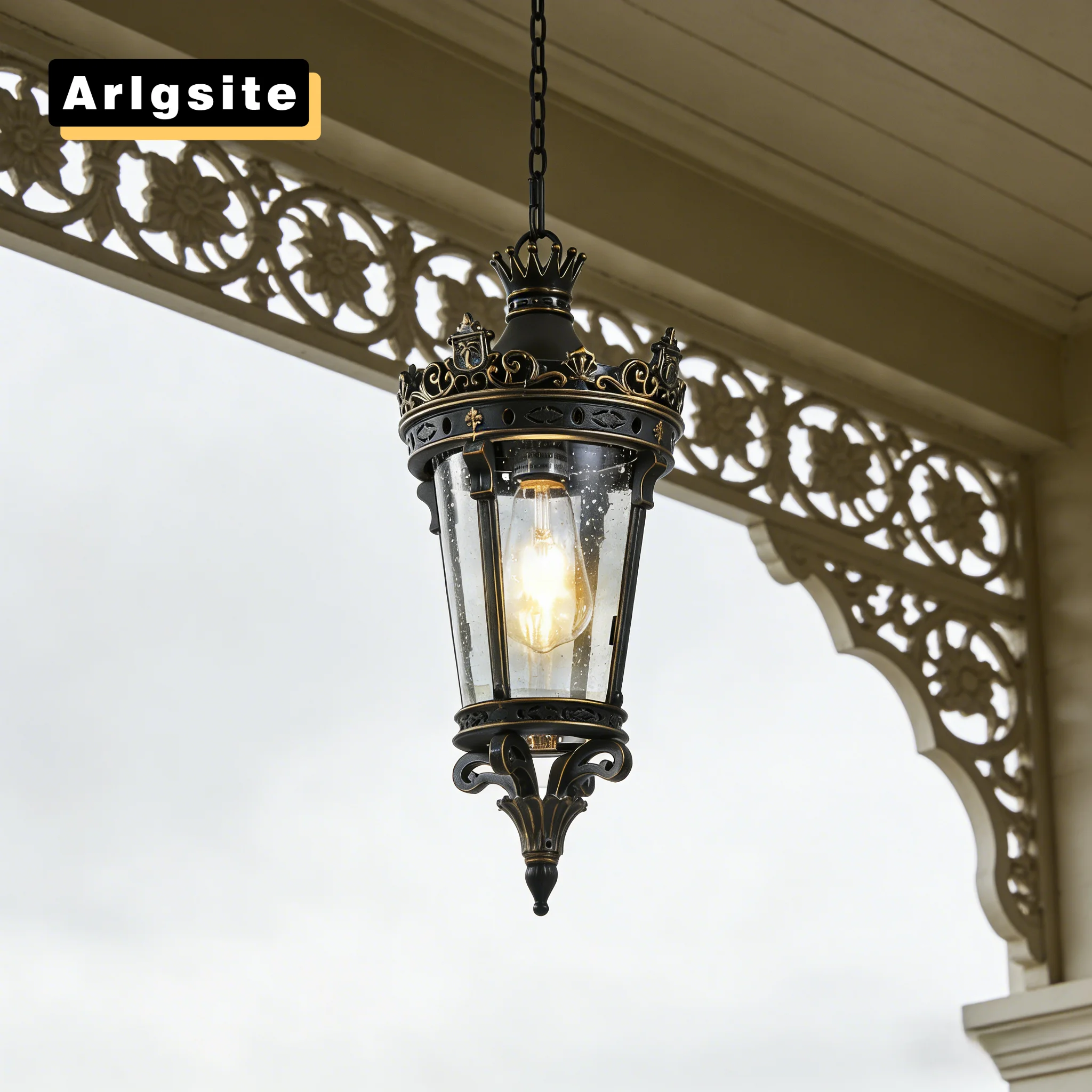 

Antique Crown Outdoor Hanging Lantern, Waterproof Vintage Pendant Light with Ornate Metal Design and Clear Glass (No bulb)