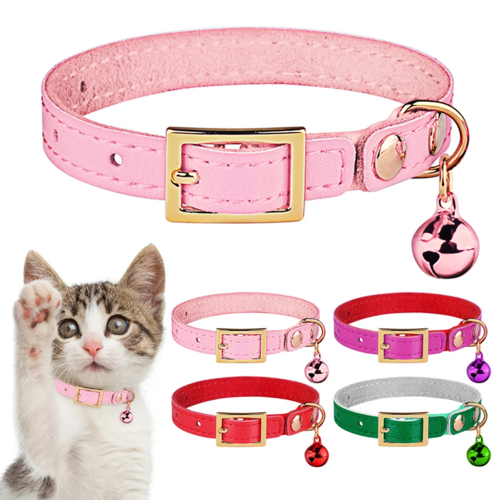 

Soft Genuine Leather Cat Collar With Bells Kitty Collars Safety Elastic Band Pet Puppy Necklace Accessories Adjustable XS S