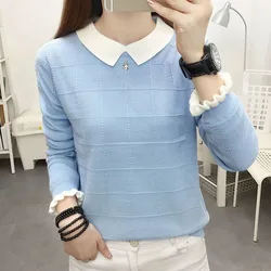 Autumn Winter Fashion Fleece Warm Solid Color Sweaters All-match Peter Pan Collar Knitted Long Sleeve Jumpers Women's Clothing