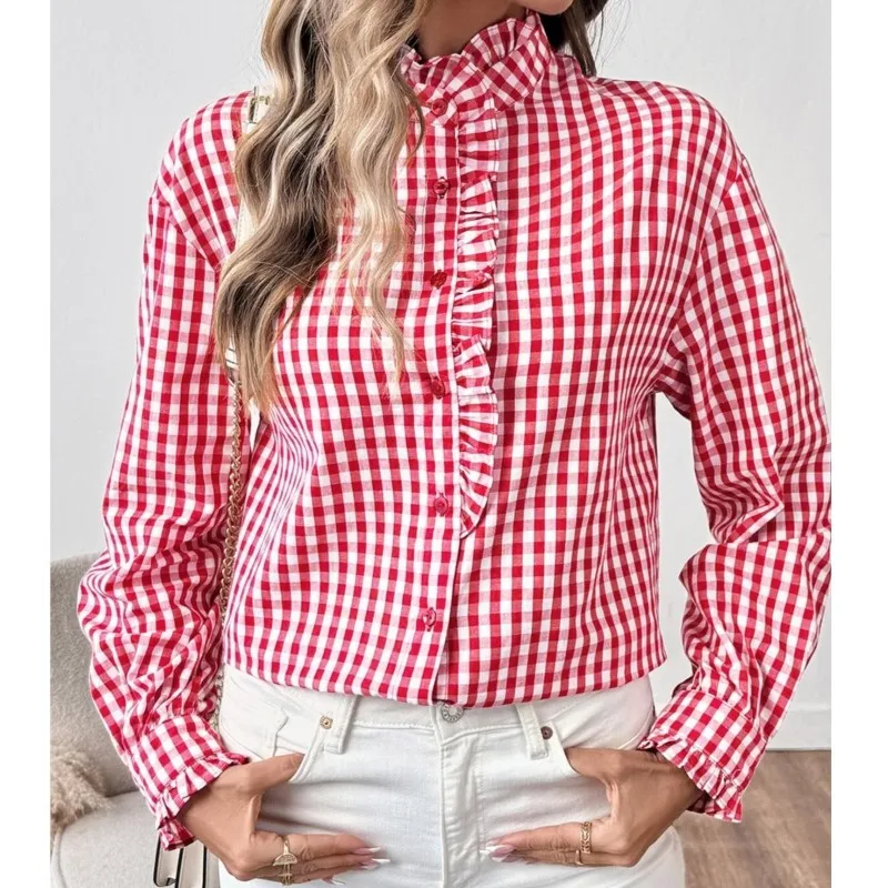

Woman's Spring Autumn Fashion Checkered Printed Shirt Foreign Style Fungus Side Design Single Cardigan Top Ladies Office Blouses