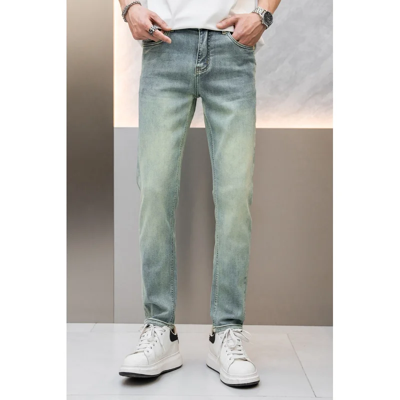 Jeans high-end azul e verde retrô masculino, versátil casual, justo, esticado reto pequeno, luxo acessível, estilo coreano, longo, 2024