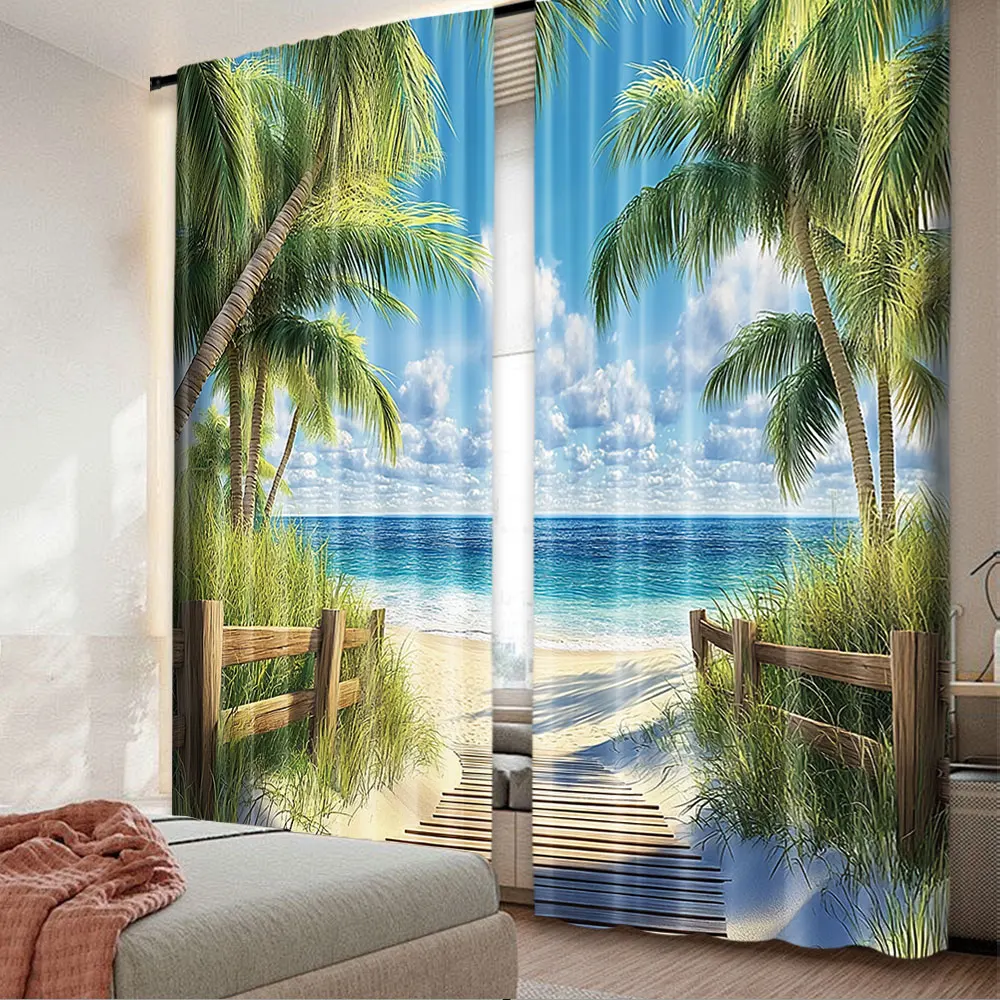 2Pcs Ocean Palm Tree Curtain Beach Tropical Hawaii Coastal Summer Sandy Seaside Exotic Seascape Green Blue Nature Landscape